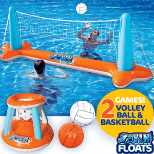 Inflatable Swimming Pool Float Set Volleyball Net & Basketball Hoops